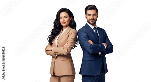 Confident business professionals standing back to back with arms crossed transparent background