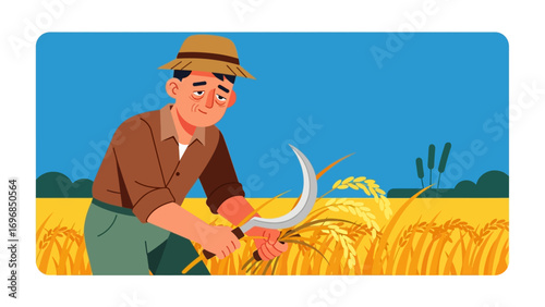 Harvest Time: A diligent farmer, stooped in a golden wheat field, expertly wields a sickle, embodying the essence of hard work and agricultural tradition.