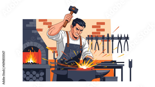 Forge Master: A skilled artisan hammering a piece of metal on the anvil, sparks flying as he shapes the form, a vivid representation of craftsmanship and industry.