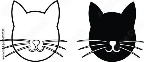 Two cat faces one in black outline and one in solid black with white features