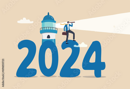 Year 2024 business forecast, prediction or searching new opportunity, success decision or analyze economic and investment concept, businessman look through telescope with 2024 lighthouse guiding.