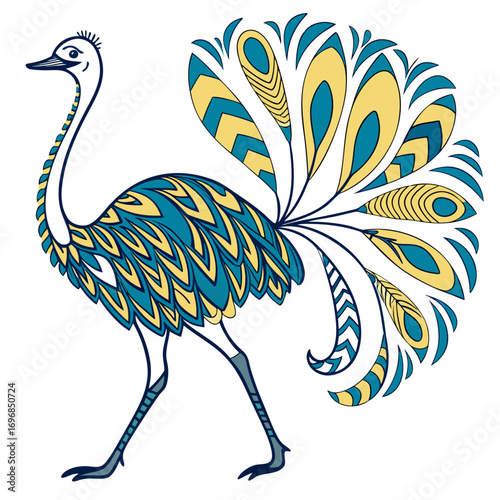 Stylized ostrich with decorative blue and yellow feathers