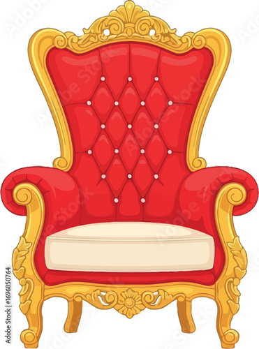Elegant ornate red throne chair with gold accents, symbolizing power and royalty