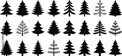 Pine tree silhouettes vector set, black Christmas tree icons, evergreen clipart collection, isolated conifer shapes, winter holiday graphics.