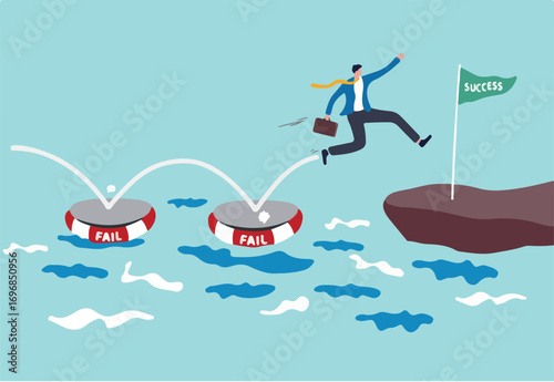 Fail to success, using failure to be lesson learn and creativity to achieve business success concept, smart business jumping on many time of failures floating on water and finally reach success flag