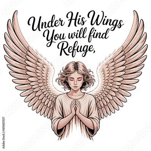 Angelic Figure with Large Wings and Praying Hands Text Under His Wings You Will Find Refuge religious