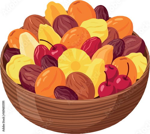 A vibrant bowl filled with a colorful assortment of dried fruits, offering a healthy and delicious snack.