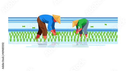 Harmony of Hands in the Field: Two figures, clad in vibrant attire, bend together in the sun-drenched fields, carefully tending to the seedlings that promise future bounty.