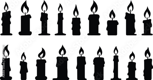 Set of Burning Candle Silhouettes in Various Shapes, Ideal for Holiday Designs, Spiritual Themes, Vector Art, and Decorative Projects