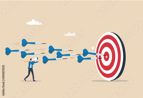 Marketing target strategy, leadership or skill to reach target or achievement, aiming for perfection winning, challenge or accuracy concept, businessman control dart to reach perfect target bullseye.