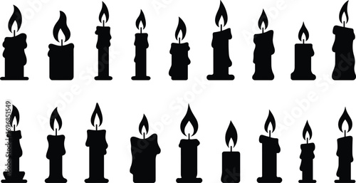 Set of burning candle silhouette icons, wax candle vector design, decorative flame candle clipart for spiritual, religious, or romantic use.