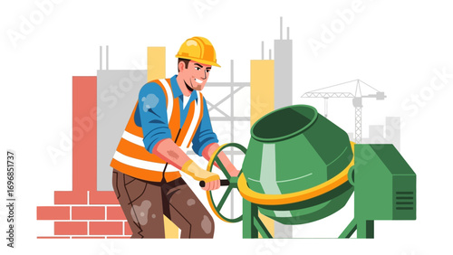 Construction worker operates concrete mixer: A diligent construction worker, garbed in safety attire, expertly operates a concrete mixer, set against a backdrop of an ongoing construction site.