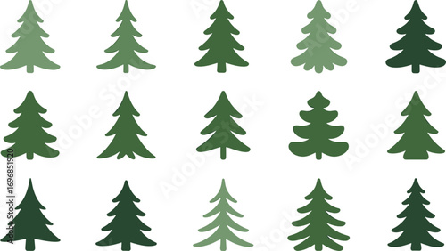 Set of evergreen pine tree icons, flat Christmas tree silhouettes, green fir tree collection, winter forest symbols, isolated vector design.
