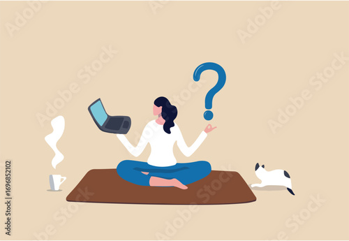 Solve problem, contemplation or relaxation help find solution, focus or calm mindfulness to get answer, understanding or brainstorming concept, businesswoman lotus meditate to solve work problem.