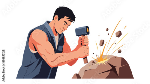 Stone Carver at Work: A focused craftsman, chisel and hammer in hand, meticulously sculpts a rock, the scene depicting the art of stonemasonry and manual labor.