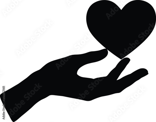 Vector illustration of a human hand holding a heart symbol representing care, kindness, donation, love, support, and emotional connection.