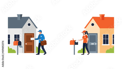Mail Delivery Illustration: A modern flat illustration showcases mail carriers delivering letters and packages to residential homes, symbolizing connection and communication in the community.