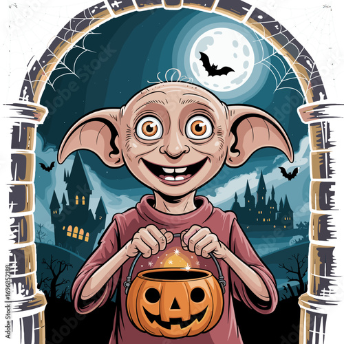 Halloween Character with Pumpkin Bucket and Spooky Castle Background trick or treat