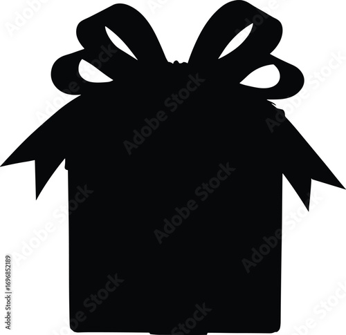 Vector illustration of a minimal black gift box with ribbon and bow, perfect for celebration, packaging, holiday, or surprise design.