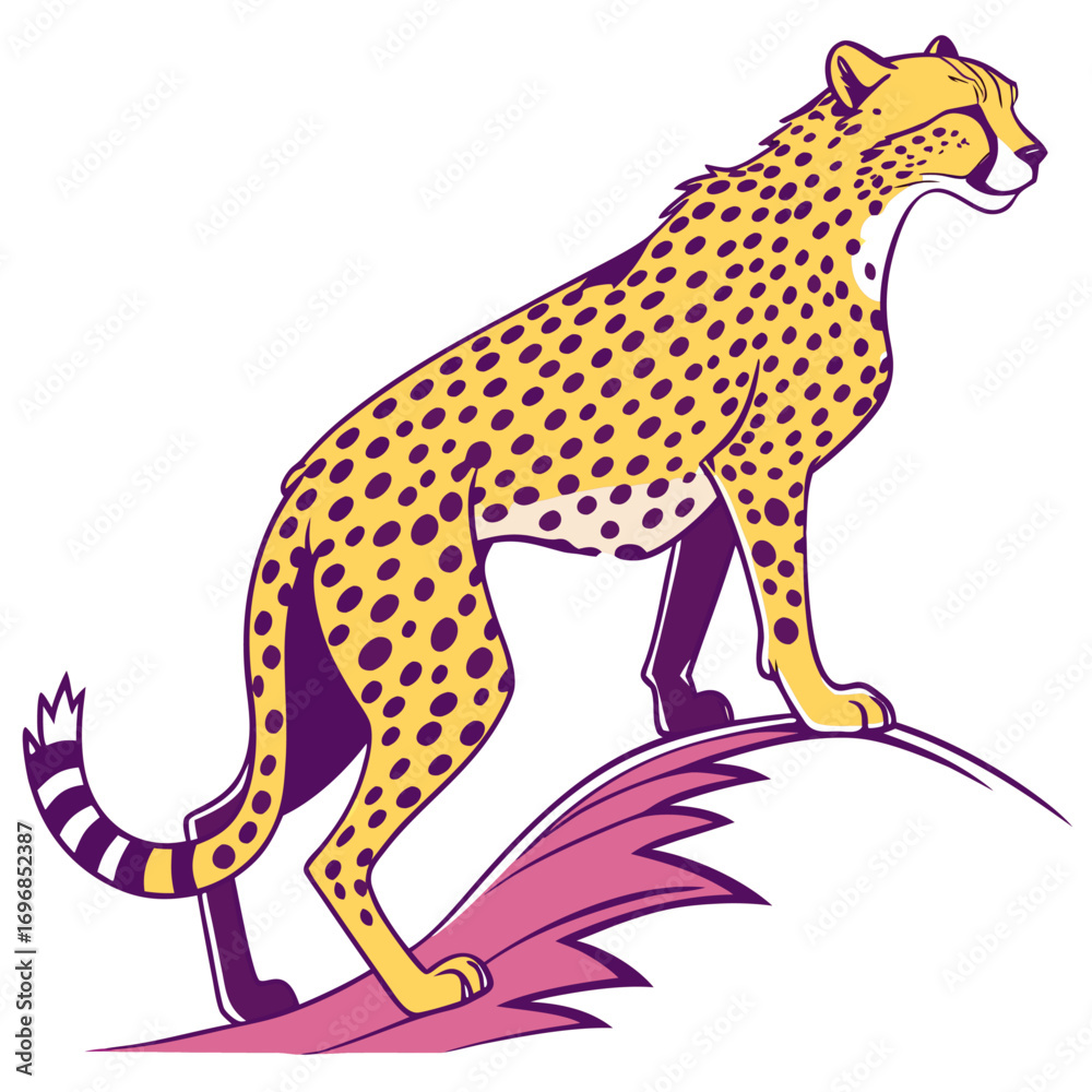 Fototapeta premium Cheetah standing on a stylized purple leaf
