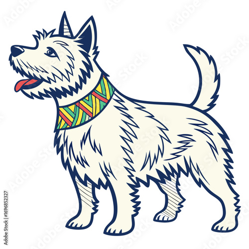 Illustration of a white terrier dog with a colorful collar