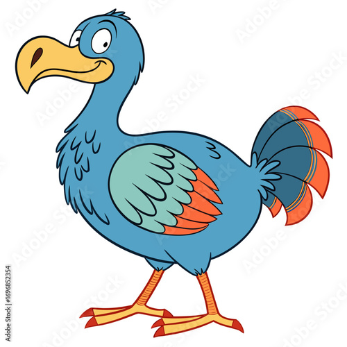 Cartoon illustration of a blue dodo bird with orange and teal accents, standing