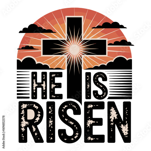 He Is Risen Christian Cross with Sunrise and Clouds faith religious