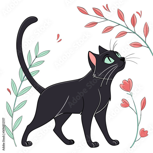 Black cat with green eyes looking up among plants and flowers