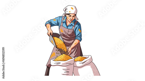 Harvest Bounty: Capturing a farmer woman filling a bag with harvested grains, symbolizing abundance and the fruits of labor, celebrating the essence of harvest.