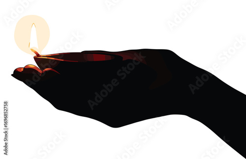 Vector illustration of hand gently holding glowing oil lamp diya with bright flame, symbolizing peace, spirituality, tradition, and festival celebration