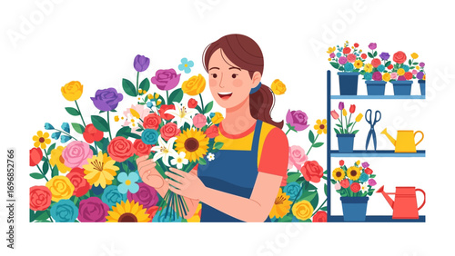Blooming Artisan: A smiling female florist is creating a vibrant bouquet, surrounded by fresh blooms, embodying the artistry and charm of floral design, highlighting the beauty of nature.