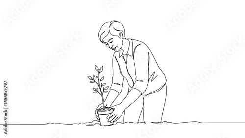 Single-Line Drawing of Person Planting Tree – Minimalist Gardening Illustration