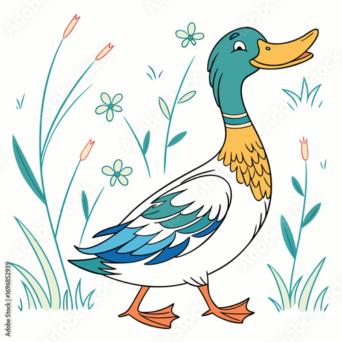 Mallard duck walking in grass with flowers