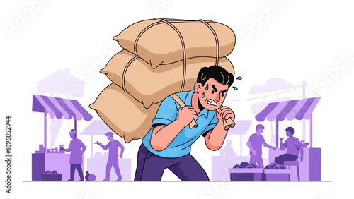Market Burden: An individual shoulders a heavy load of sacks amidst a bustling marketplace, symbolizing the trials and tribulations of manual labor and the economic struggle. 