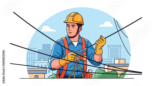   Power Line Technician: A skilled technician, adorned in a safety helmet, meticulously repairs high-voltage power lines with precision, exemplifying expertise and dedication in his profession.
