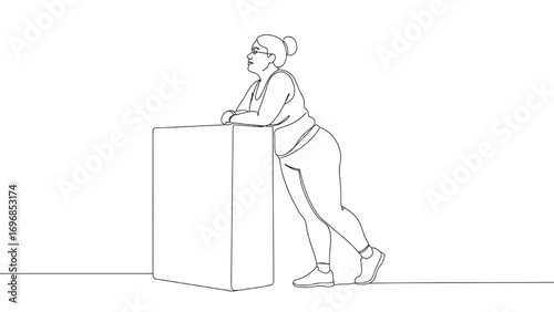 Single-Line Drawing of Middle-Aged Woman Leaning on Cube – Minimalist Line Art