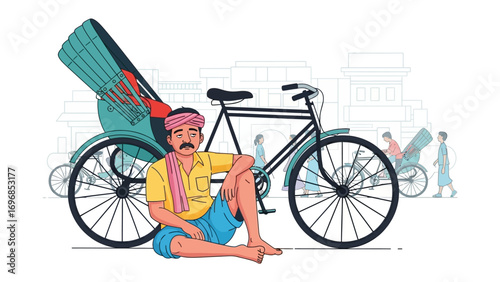 The Rickshaw Rider's Respite: A rickshaw rider, adorned in traditional garb, rests beside his vehicle on a vibrant city street, showcasing a moment of pause amidst a backdrop of daily life.