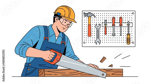Construction worker: A construction worker is seen meticulously sawing a wooden plank. The image captures the essence of construction. The worker's expertise is evident.