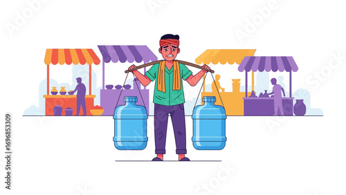 Water Carrier in a Traditional Market: An illustration showcases a water carrier navigating a bustling marketplace, the image is a perfect blend of daily life and cultural elements.