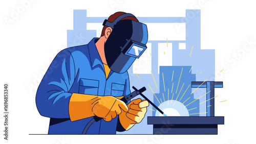 Welder at Work: A skilled welder in a protective mask meticulously works on a metal structure. Capturing the precision of industrial craftsmanship and dedication.