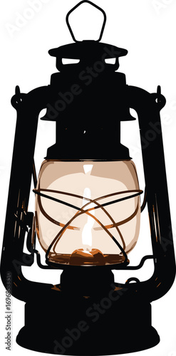 Vintage kerosene lantern illustration with glowing flame, detailed glass, metal frame, perfect for rustic, camping, outdoor, and retro design projects.