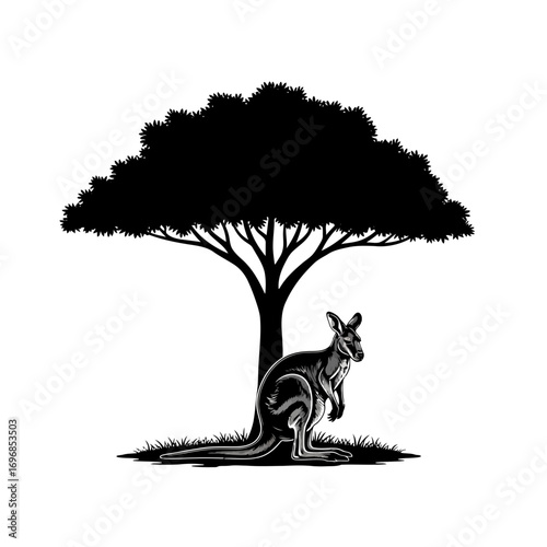 Kangaroo under a tree silhouette isolated on white background