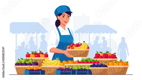 Fresh Market Stall: A friendly vendor with an apron offers a colorful selection of ripe fruits at a local market, inviting customers to enjoy the bounty of the harvest.