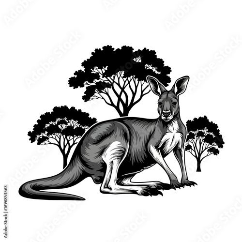 Kangaroo with australian trees silhouette isolated on white background