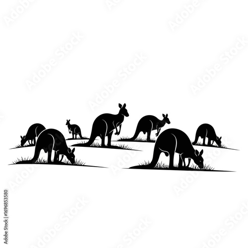 Group of kangaroos grazing in silhouette isolated on white background