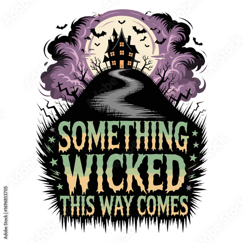Spooky Halloween Scene with Haunted House and Bats Under a Full Moon creepy scary