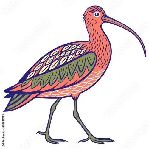 Artistic depiction of a pink curlew bird with a long curved beak