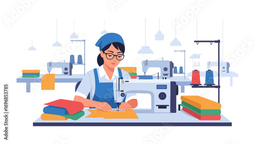 Tailoring a Masterpiece: An artisan sews with precision, surrounded by sewing machines and the tools of her craft. A testament to dedication.