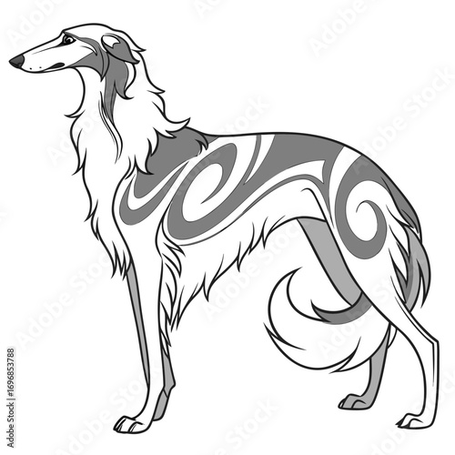 Stylized borzoi dog with tribal markings