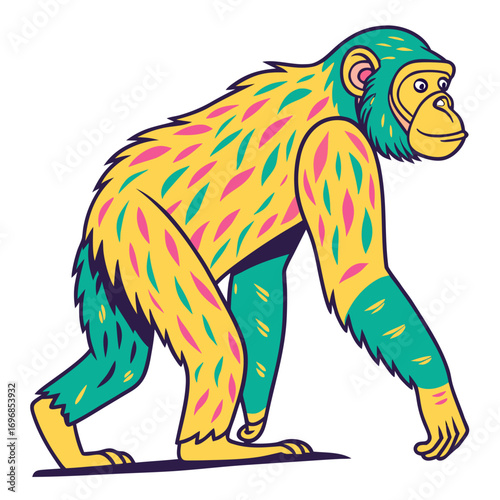 Stylized chimpanzee with yellow, pink, and teal fur